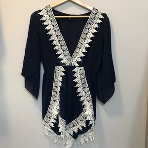 Navy Blue Lace Trimming Romper